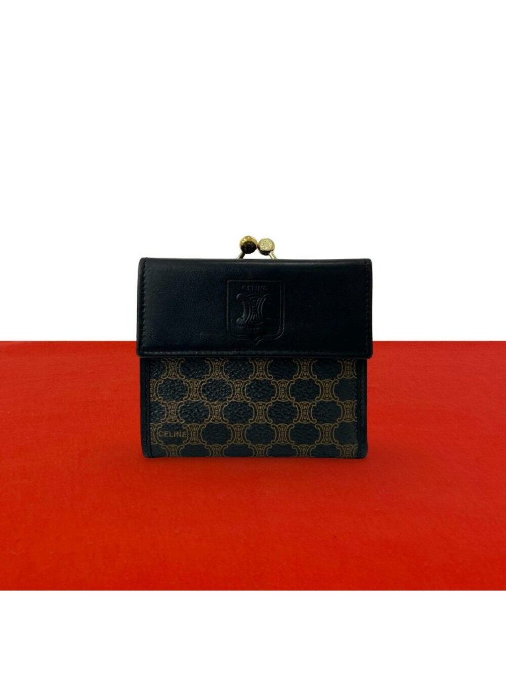 Celine Vintage Macadam Blason Pattern Triomphe Logo Leather Kiss Lock Trifold